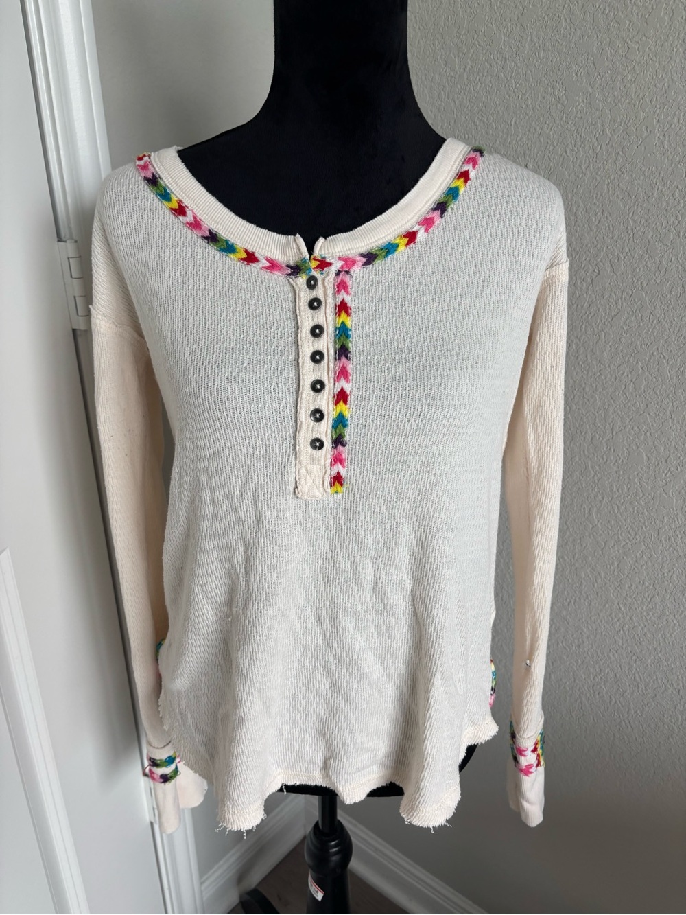We The Free Free People Rainbow Thermal Henley top in ivory cream size medium